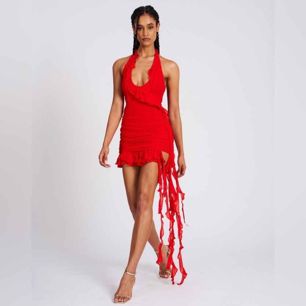 red ruffle mini halter dress ruffle on neckline and hemline. Deep v style